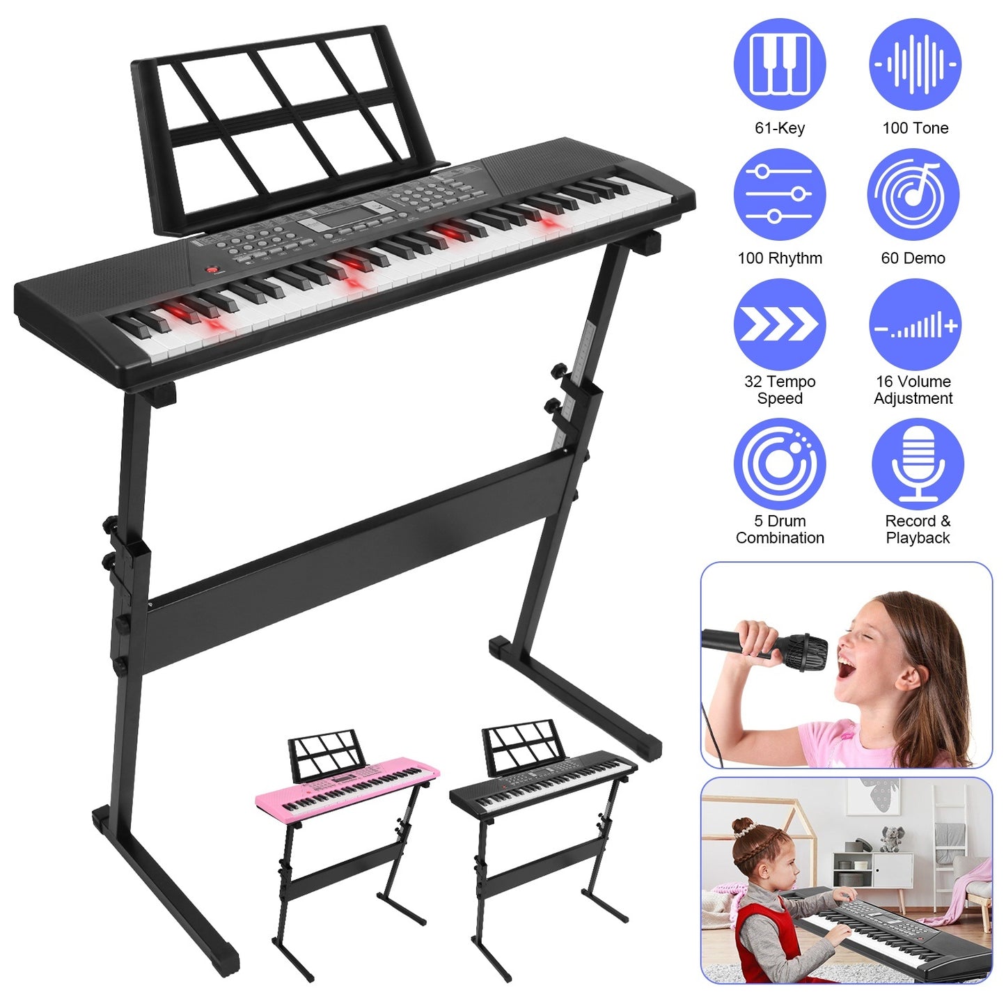 US Local 3 Types Options -- 1Pc 61 Keys Digital Music Keyboard Electric Piano Electronic Musical Instrument Kids Learning Keyboard With Microphone Stand For 3-12 Year Old Kids Girls Boys