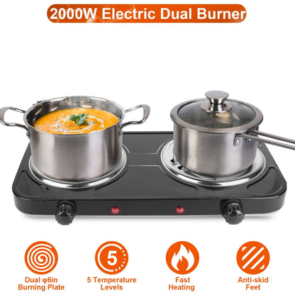US Local 2 Color Options -- 1Pc 2000W Electric Double Burner Portable Coil Heating Hot Plate Stove Countertop RV Hotplate With Non Slip Rubber Feet 5 Temperature Adjustments