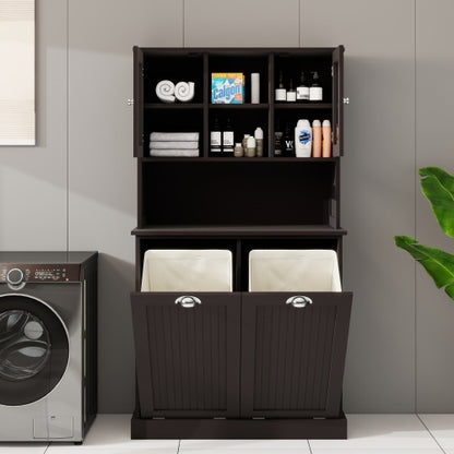 US Local Two Compartment Inclined Dirty Laundry Basket High Bathroom Cabinet