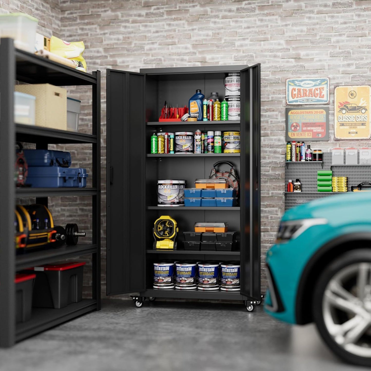 US Local Garage Storage Cabinet With Optional Wheels, Metal Lockable File Cabinet With 2 Doors And 4 Adjustable Shelves,Tool Storage,Home Office Garage,Gym,School Black