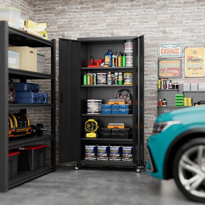 US Local Garage Storage Cabinet With Optional Wheels, Metal Lockable File Cabinet With 2 Doors And 4 Adjustable Shelves,Tool Storage,Home Office Garage,Gym,School Black