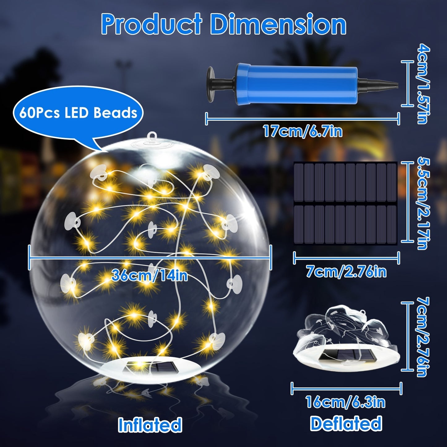 2Pcs Floating Pool Lights 14in Solar Powered Pool Balls IP68 Waterproof Inflatable Pool Decoration Lights With Remote Control 3 Light Modes Timer Adjustable Brightness