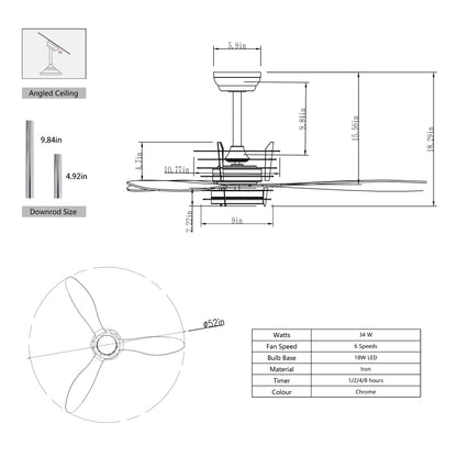 US Local 52'' ABS Blades Ceiling Fan With Lights And DC Remote, DC Motor Modern Ceiling Fan With 3 ABS Fan Blades & 2 Down Rods, Indoor Ceiling Fan With Light For Bedroom,Living Room