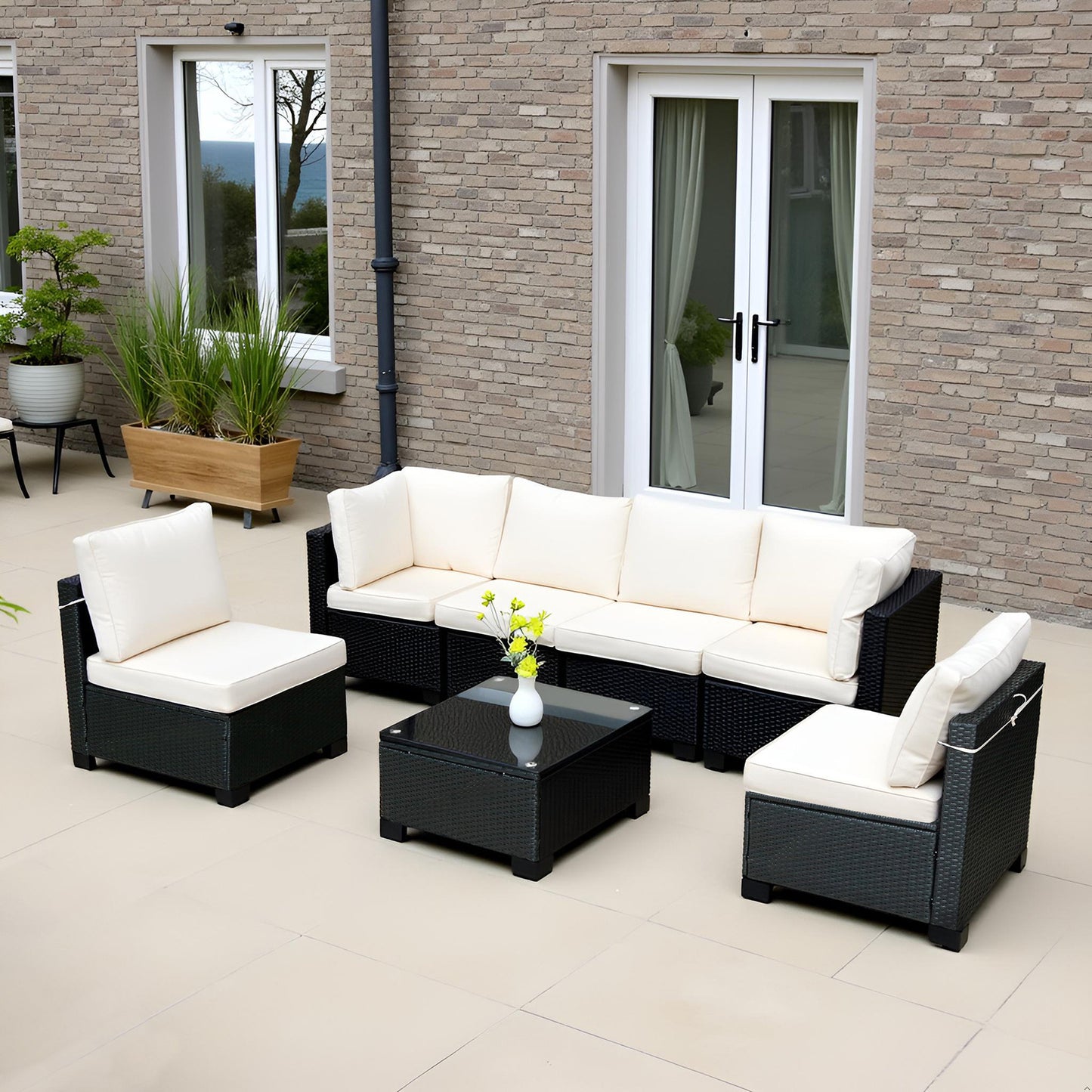 US Local Seven-Piece Sofa Set Table With Sofa Chair Black PE Rattan Outdoor New Design Furniture 7-JH002 Box 3-1-2-3 With White Color Cushion