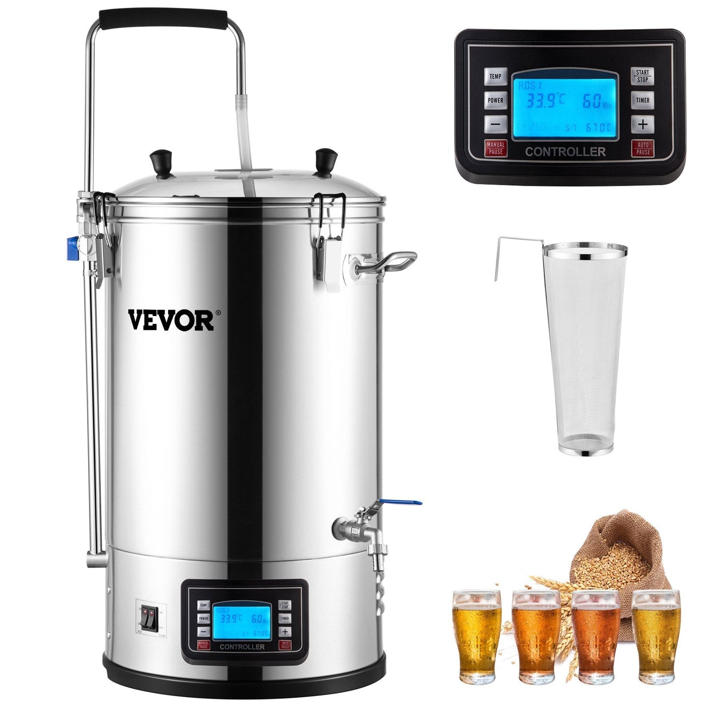 US Local Electric Brewing System, 9.2 Gal/35 L Brewing Pot, All-in-One Home Beer Brewer W/Pump, Mash Boil Device W/Panel, Auto/Manual Mode 100-1800W Power 25-100?? Temp 1-180 Min Timer Recipe Memory