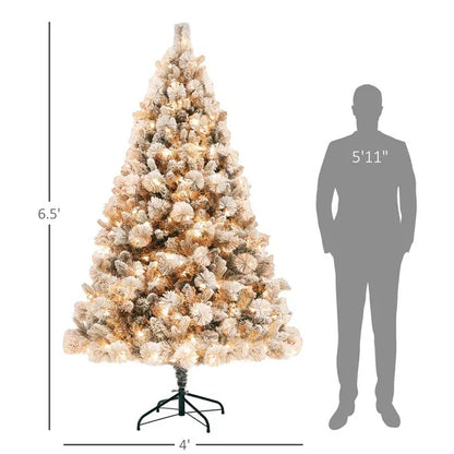 US Local HOMCOM 6.5 Ft Pre-Lit Artificial Christmas Tree With 350 Clear Lights And 1107 Tips, Snow Flocked Christmas Tree With Metal Stand, Hinged Xmas Tree For Home Office Holiday, Green