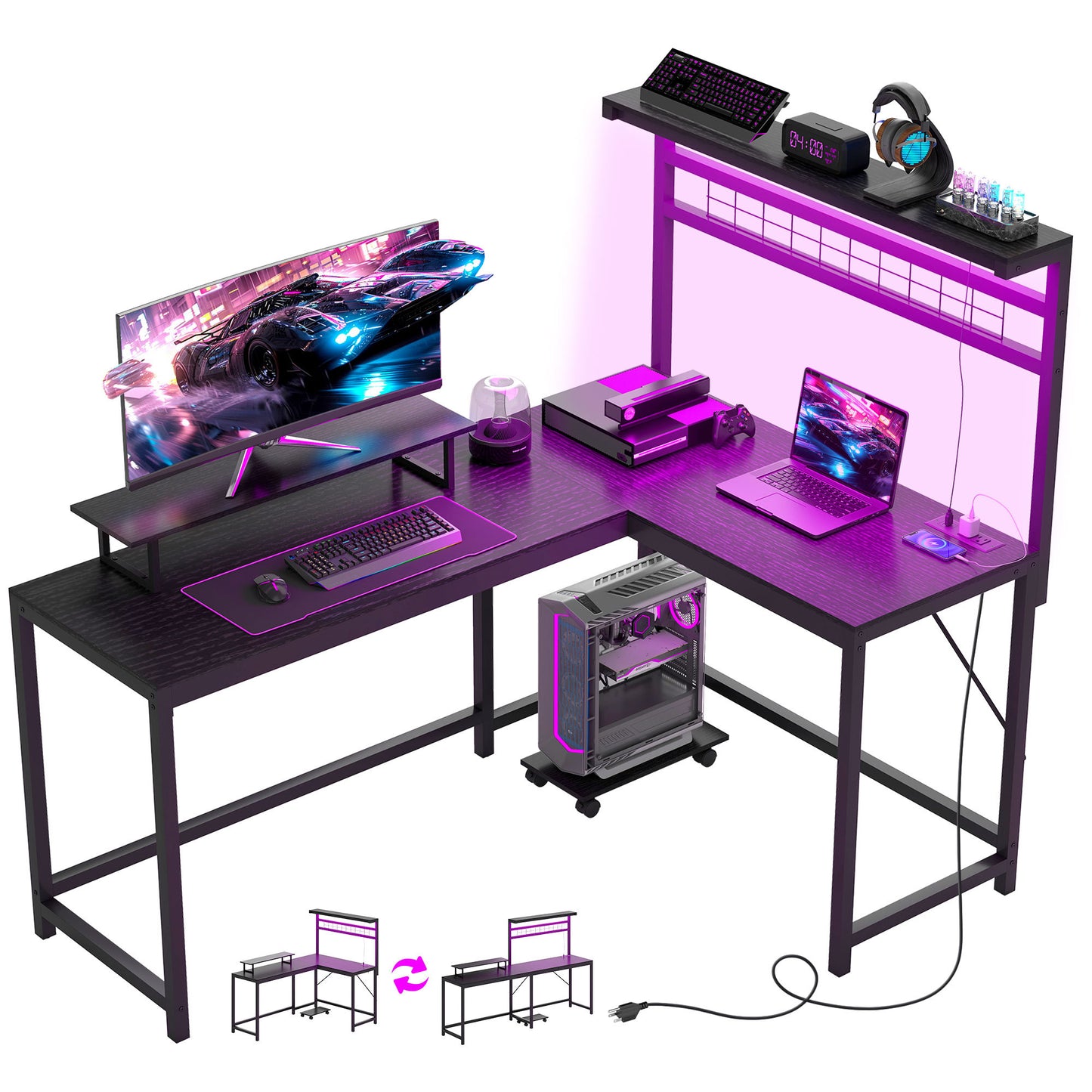 US Local 61.6 L Shaped Gaming Desk With Power Outlets & LED Lights, Computer Desk With Monitor Stand And CPU Shelf, Black