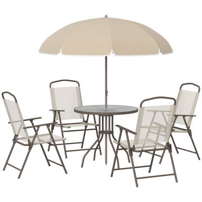 US Local 6-Piece Patio Dining Set With Umbrella, Folding Chairs & Glass Table, Beige - Outdoor Meal Setup