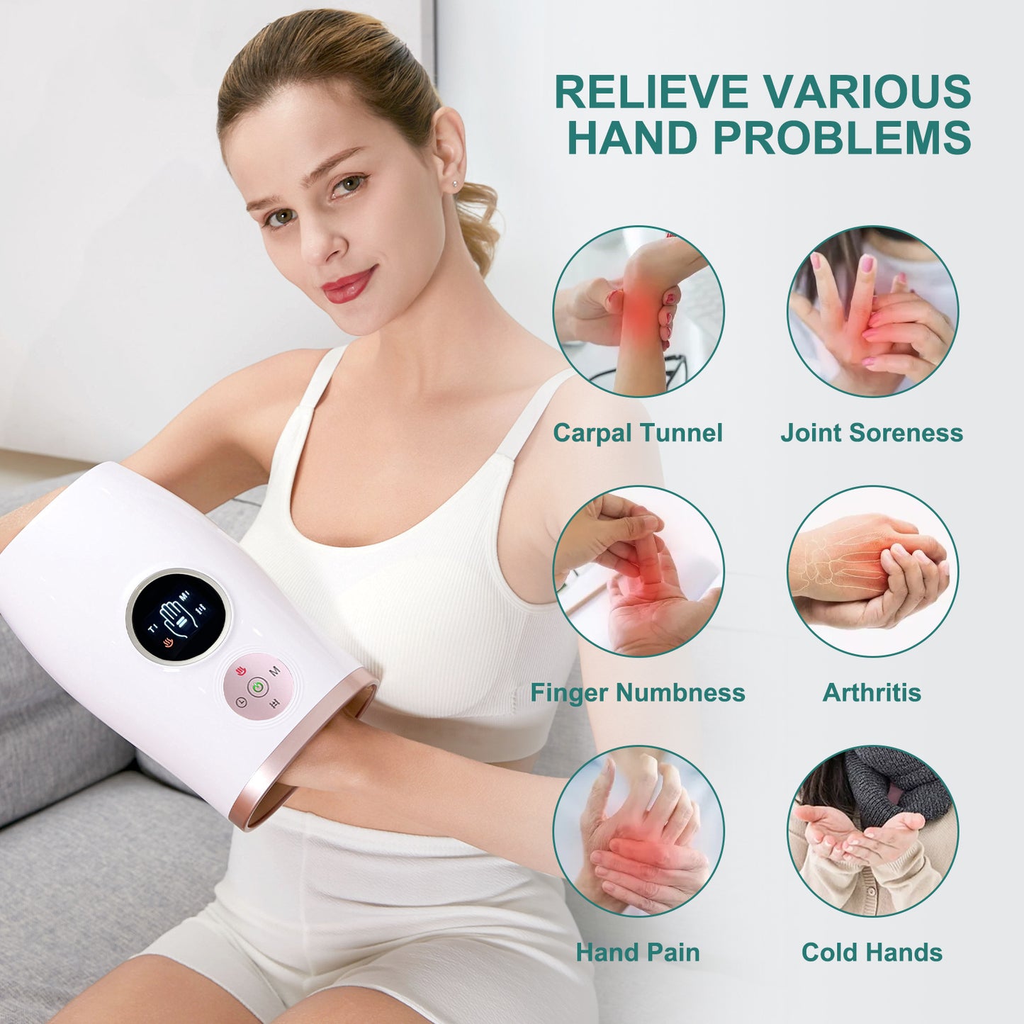 US Local 3-Speed Hand Massager With Heat, Air Compression & 30-Min Timer, Portable & Relaxing