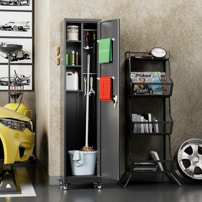 US Local Aobabo Lockable Storage Cabinet With Wheels, Metal Cleaning Tool Cabinet With Hooks, Cleaning Supplies For Broom Rack Shelf For Broom Mops Garage Storage, Black, Assembly Required
