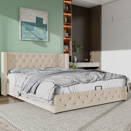 UK Local Upholstered Bed, 135x190, With Hydraulic Lever, Functional Bed From Storage,velvet, Beige