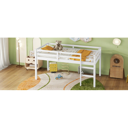 US Local Solid Wooden, Rubber Wooden Twin Loft Bed With Ladder, Bed Platform Of Strengthened Slats , White