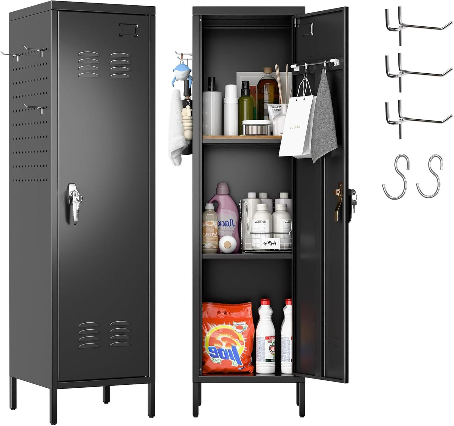US Local Metal Lockers For Employees With Handle,Metal Storage Locker With 2 Pegboard & 5 Hooks For Gym, School, Office,Home,Garage,Black