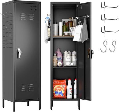 US Local Metal Lockers For Employees With Handle,Metal Storage Locker With 2 Pegboard & 5 Hooks For Gym, School, Office,Home,Garage,Black