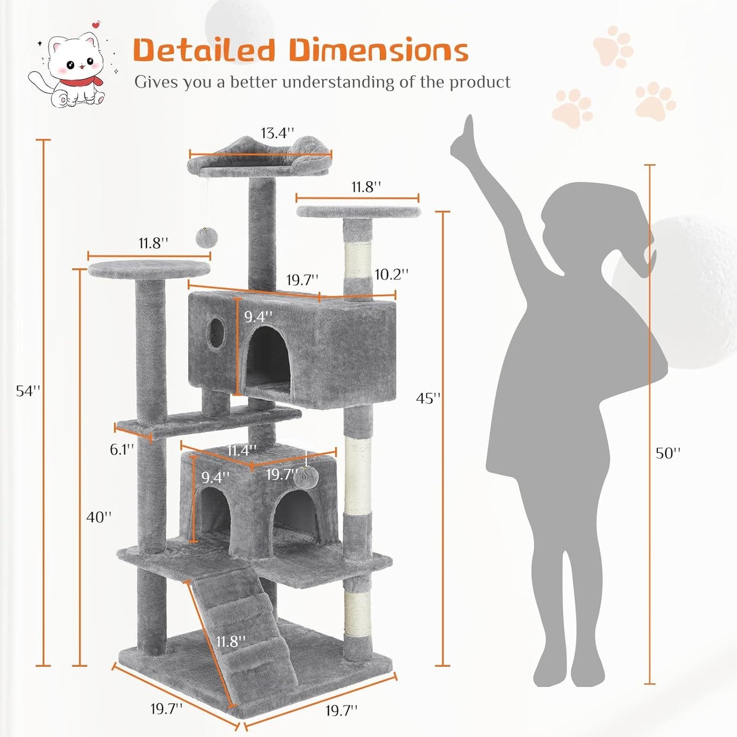 US Local 54 -Cat Tree Tower - Multi-level With Sisal Grab Post, Indoor Apartment With Ladder, Plush Toys, Rest And Play