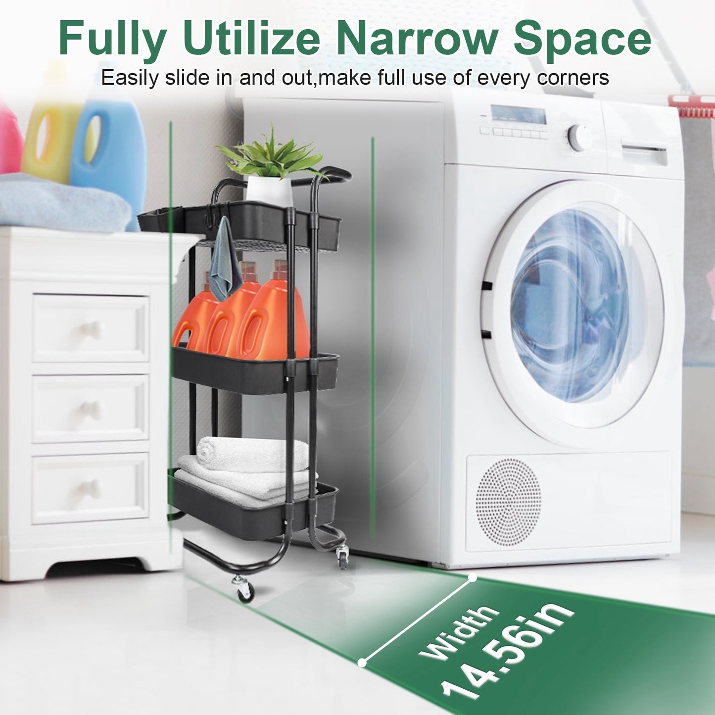 US Local Black-White Color Options 1Pc 3 Tier Rolling Utility Cart Movable Storage Organizer With Mesh Baskets Lockable Wheels 360 Degree Rotatable Hanging Box Hooks Bedroom Bathroom Kitchen