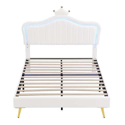 UK Local 4ft6 Double Upholstered Bed With LED Adjustable Crown Shape Headboard, PU Leather Bed Frame With Solid Wood Slat, No Box Spring Needed, Easy Assembly, Cream White No Mattress