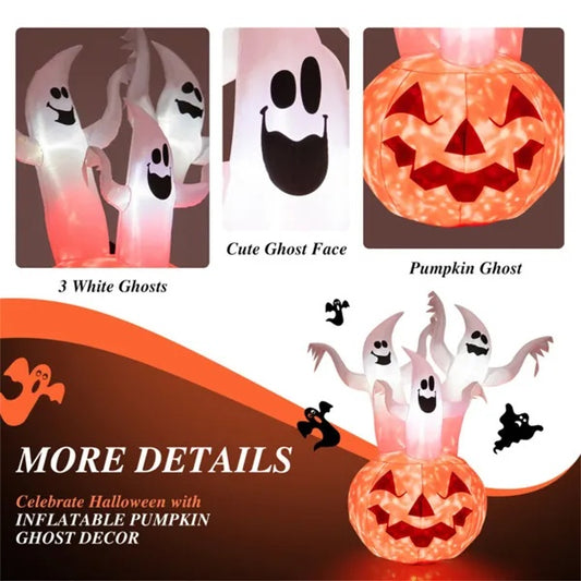 6ft Halloween Inflatable Ghost & Pumpkin Decoration - Colorful Rotating Flame Light, 190T Waterproof Polyester For Yard Outdoor