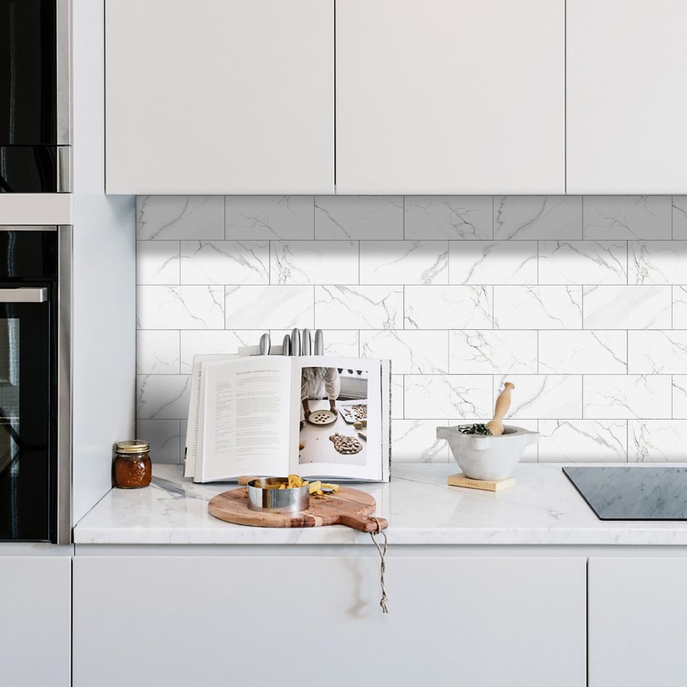 US Local White Marble Look Wall Sticker Peel And Paste Splash-proof PVC Composite Wall Tile Kitchen Bathroom