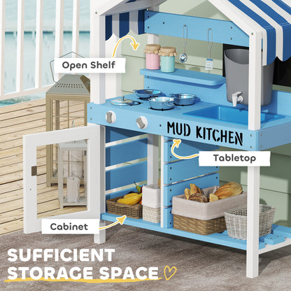 US Local Wooden Mud Kitchen For Kids Outdoor With Sink, Faucet, Water Tank, Storage Shelves, Accessories For Boys And Girls, Blue