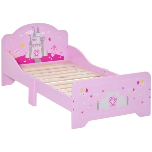 UK Local HOMCOM Kids Bed Princess Castle Theme W Side Rails Slats Home Furniture For 3 - 6 Yrs Pink 143 X 73 X 60 Cm