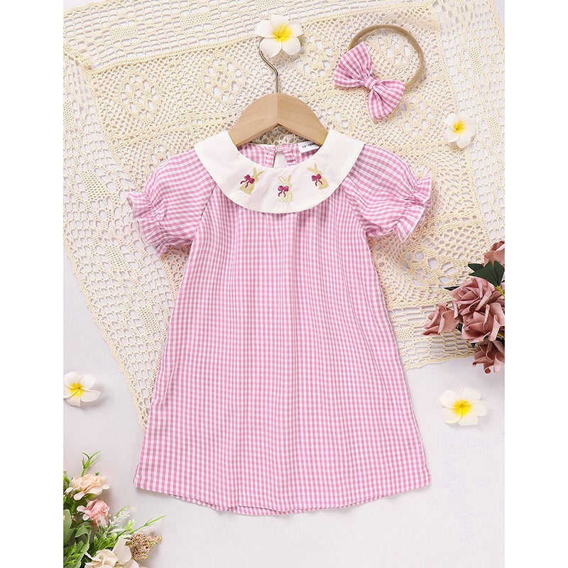 US Local Infant Bbay Girls' Plaid Smocked Dress Short Sleeve Easter Bunny Rabbit Embroidery Casual Fashion Clothes