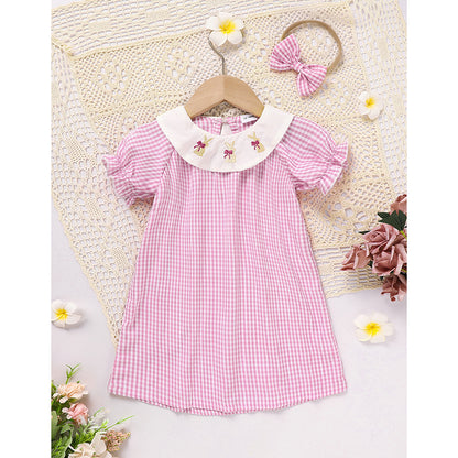 US Local Infant Bbay Girls' Plaid Smocked Dress Short Sleeve Easter Bunny Rabbit Embroidery Casual Fashion Clothes
