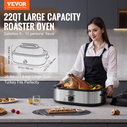 US Local Electric Roaster Oven, 22 QT Turkey Roaster Oven With Self-Basting Lid, 1450W Roaster Oven With Defrost & Warm Function, Adjustable Temp, Removable Pan & Rack, Fits Turkeys Up To 26LBS, Silver