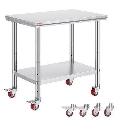 US Local VEVOR Stainless Steel Work Table 36x24 Inch With 4 Wheels Commercial Food Prep Worktable With Casters Heavy Duty Work Table For Commercial Kitchen Restaurant