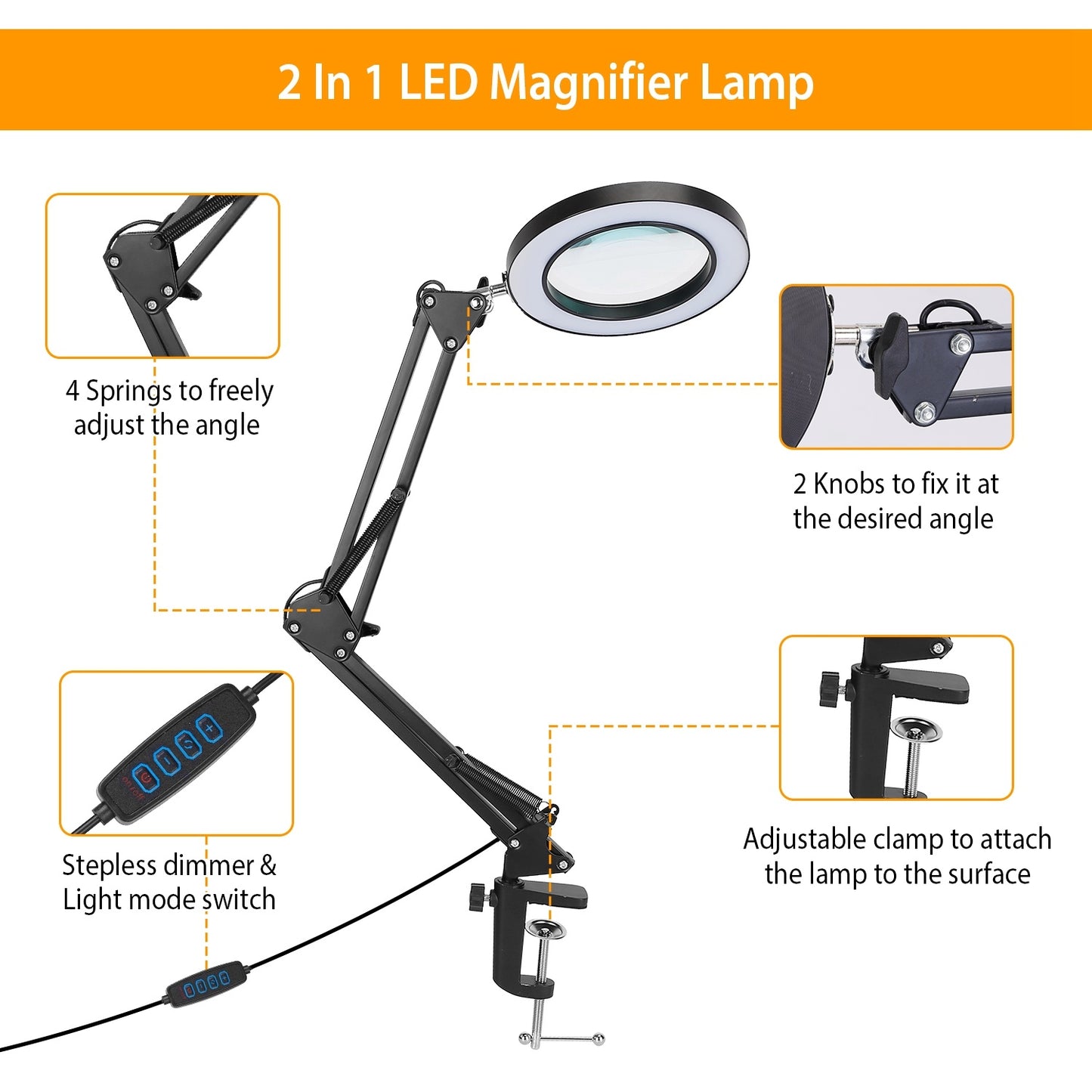 US Local 1Pack 2 In 1 LED Magnifier Desk Lamp 8x Magnifying Glass With Light Swing Arm Desk Table Light USB Reading Lamp With Clamp Stand 10 Brightness 3 Modes