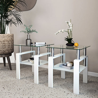 US Local 2-Pc Modern Tempered Glass Coffee Tea End Tables For Living Room