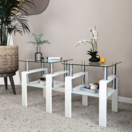 US Local 2-Pc Modern Tempered Glass Coffee Tea End Tables For Living Room
