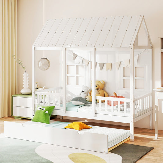 US Local Twin House Bed With Trundle, 77.95'' Wooden Playhouse Bed Frame For Kids With Safety Rails & Window--A-B Combo Sale, Please Do Not Purchase Individually