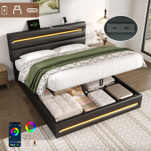 UK Local 4ft6 Double Upholstered Bed Frame With Hydraulic Storage, PU Ottoman Bed With LED Lighting And Charging Station, LED Adjustable Headboard With USB And Type - C Ports, Black