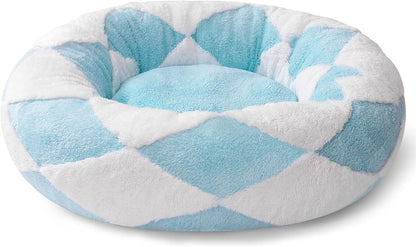 MEWOOFUN Donut Cat Bed For Indoor Cats - Round Washable Plush Pet Bed With Jacquard Shaggy Fabric & Non-Slip Bottom, Calming Small Dog Bed For Puppy & Kitten, 23 Inch Blue Check