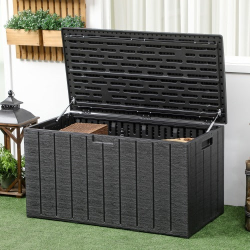 UK Local Outsunny 336 Litre Garden Storage Box, Water-resistant Heavy Duty Double Wall Plastic Container, Extra Large Outdoor Garden Furniture Organizer, Deck Cushion Chest With Wheels And Handles, Black