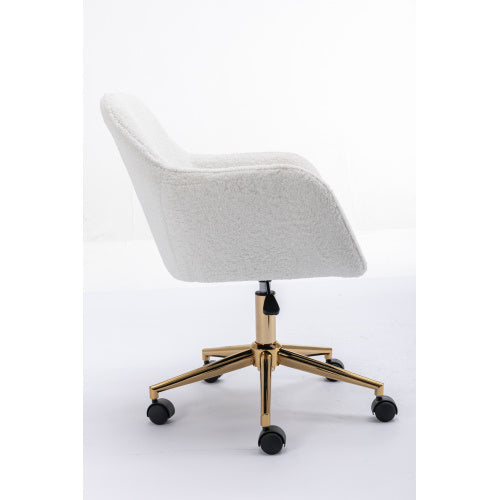 UK Local New Teddy Fabric Material Adjustable Height Swivel Home Office Chair For Indoor Office With Gold Legs,White