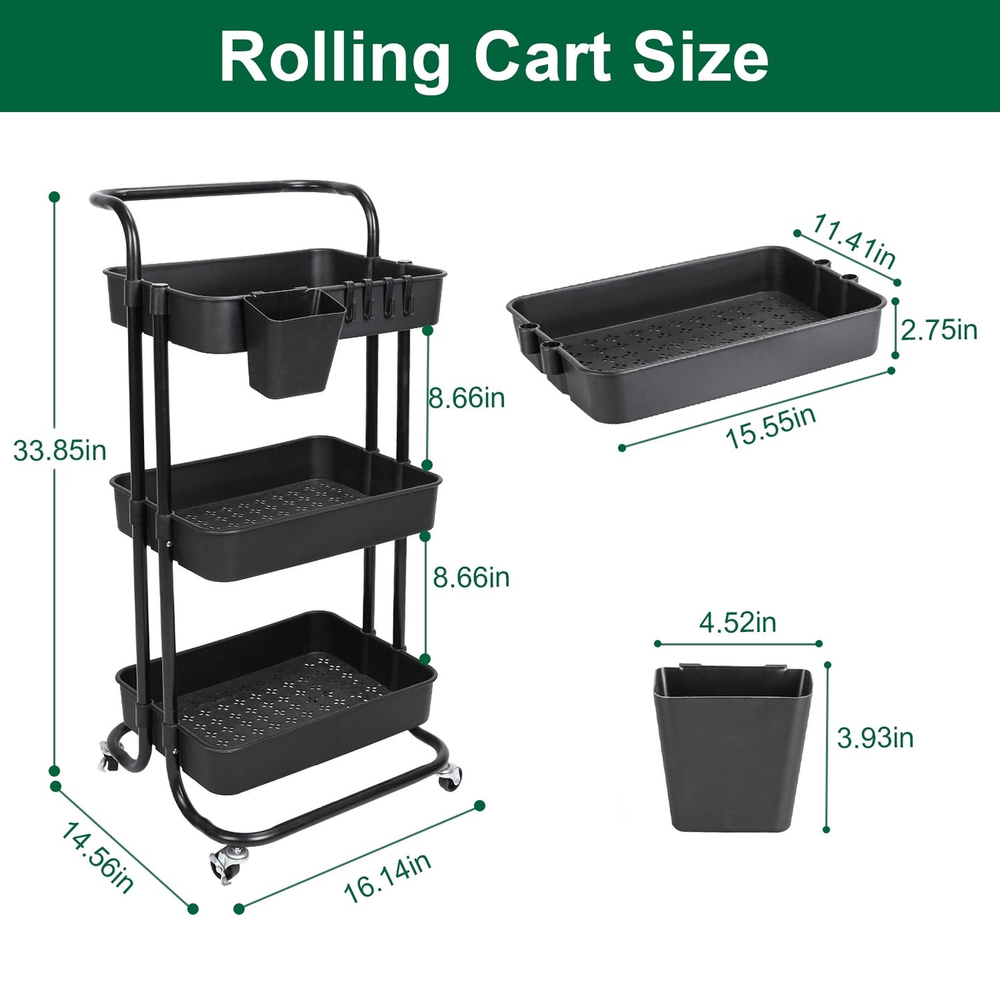 US Local Black-White Color Options 1Pc 3 Tier Rolling Utility Cart Movable Storage Organizer With Mesh Baskets Lockable Wheels 360 Degree Rotatable Hanging Box Hooks Bedroom Bathroom Kitchen