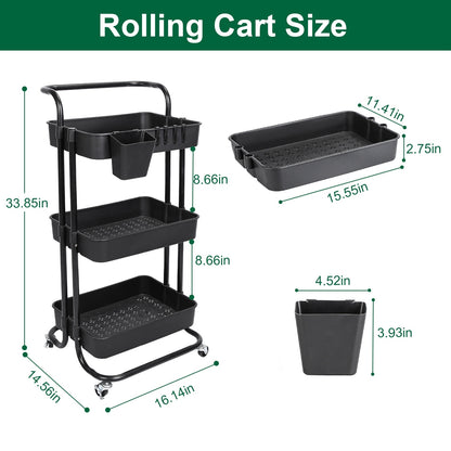 US Local Black-White Color Options 1Pc 3 Tier Rolling Utility Cart Movable Storage Organizer With Mesh Baskets Lockable Wheels 360 Degree Rotatable Hanging Box Hooks Bedroom Bathroom Kitchen