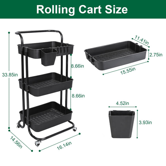 US Local Black-White Color Options 1Pc 3 Tier Rolling Utility Cart Movable Storage Organizer With Mesh Baskets Lockable Wheels 360 Degree Rotatable Hanging Box Hooks Bedroom Bathroom Kitchen