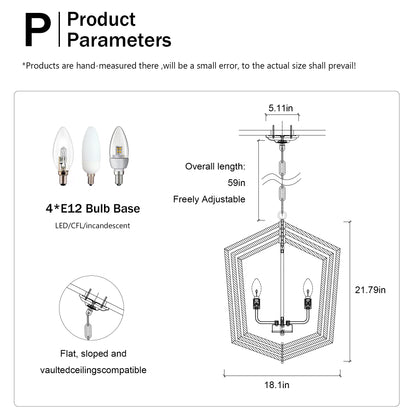 US Local 4-Light Farmhouse Chandeliers, Matte Black And Sliver Matte Black Vintage Cage Light Fixture ,Adjustable Height Chandeliers For Dining Room, Bedroom, Living Room, Confere E12 Bulbs Not Included