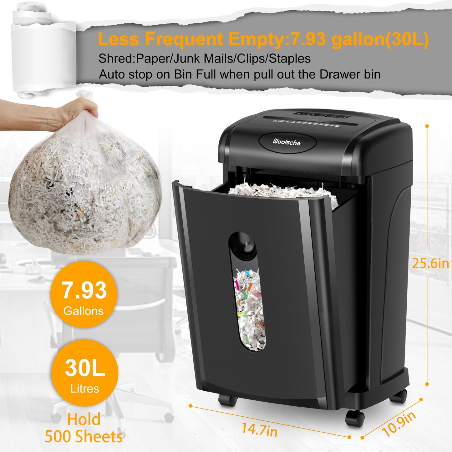 US Local Woolsche Paper Shredder, 18-Sheet Cross Cut, 8 Gallon Pull Out Bin, P-4 Security Level, Shred Paper And Credit Card And Durable&Fast For Home Office