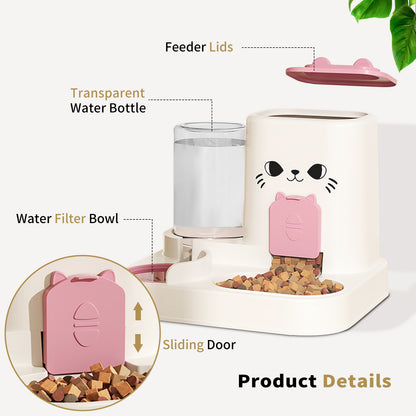 US Local 2-in-1 Automatic Cat Feeder And Water Dispenser - Dry Wet Separation, Cute Colored Face Feeder, Durable Plastic, Very Suitable For Indoor Pets To Drink Water And Healthy Diet, Cat Food And Water Dispe