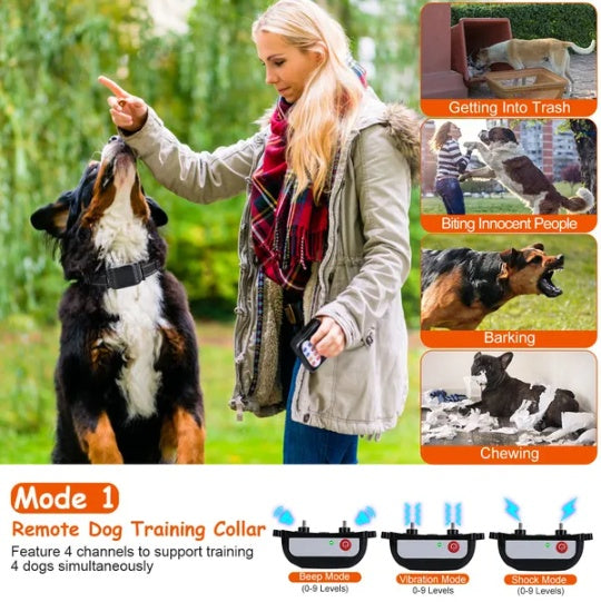 US Local 990FT Range Dog Wireless Fence Remote Training Collar IPX6 Waterproof Receiver With 0-9 Levels Beep Vibration Shock Mode 4 Channels Rechargeable Transmitter System