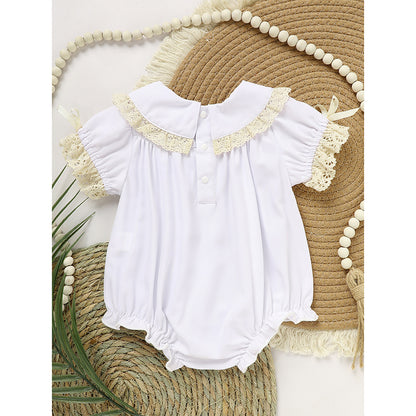 US Local Baby Girl White Lace Romper Soft & Stylish Short Sleeve Bubble Jumpsuit For Wedding Season & Summer