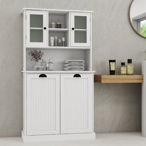 US Local Two Compartment Inclined Dirty Laundry Basket High Bathroom Cabinet