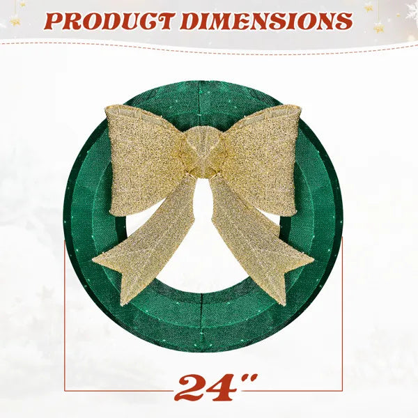 US Local 24in Pre-lit Outdoor Christmas Wreath Decoration, Lighted Metal Wreath With Golden Bow, Green And Warm White LED Lights, For Front Door Gate Wall Indoor Outdoor Holiday Party