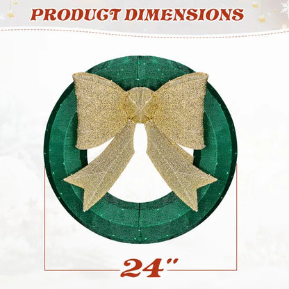 US Local 24in Pre-lit Outdoor Christmas Wreath Decoration, Lighted Metal Wreath With Golden Bow, Green And Warm White LED Lights, For Front Door Gate Wall Indoor Outdoor Holiday Party