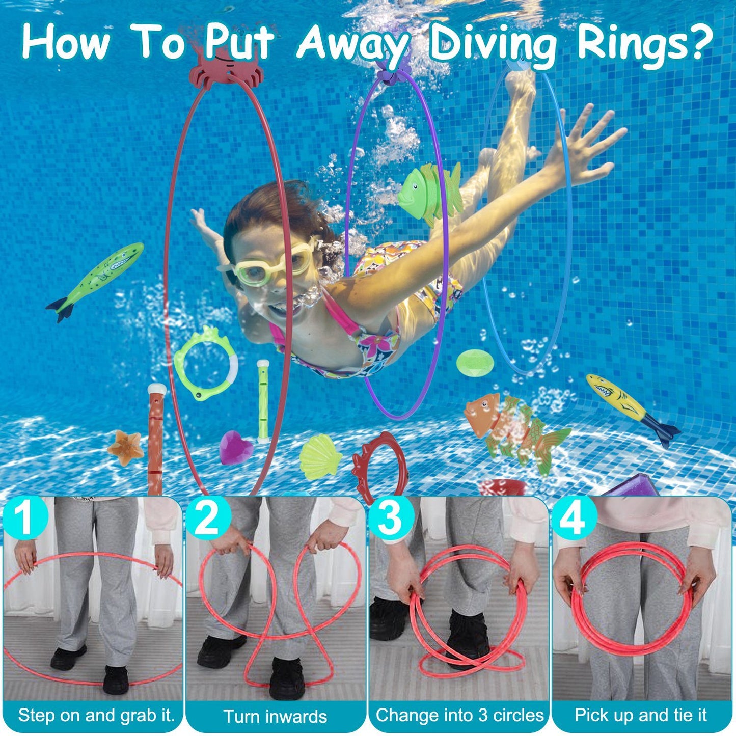 US Local Set Of 24Pcs Diving Toys Swimming Pool Toys Swim Toys For Kids Above Aged 3 Years Old Swim Thru Rings Torpedoes Gems Volleyball Storage Bag