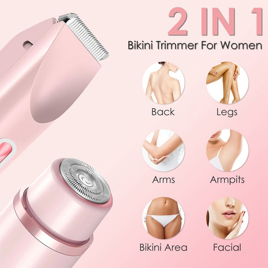 US Local 1Pc 2 In 1 Bikini Trimmer For Women Dual Head Cordless Body Shaver IPX7 Waterproof Rechargeable Pubic Hair Razor Wet And Dry Use For Bikini Underarm Leg Arm Body Face